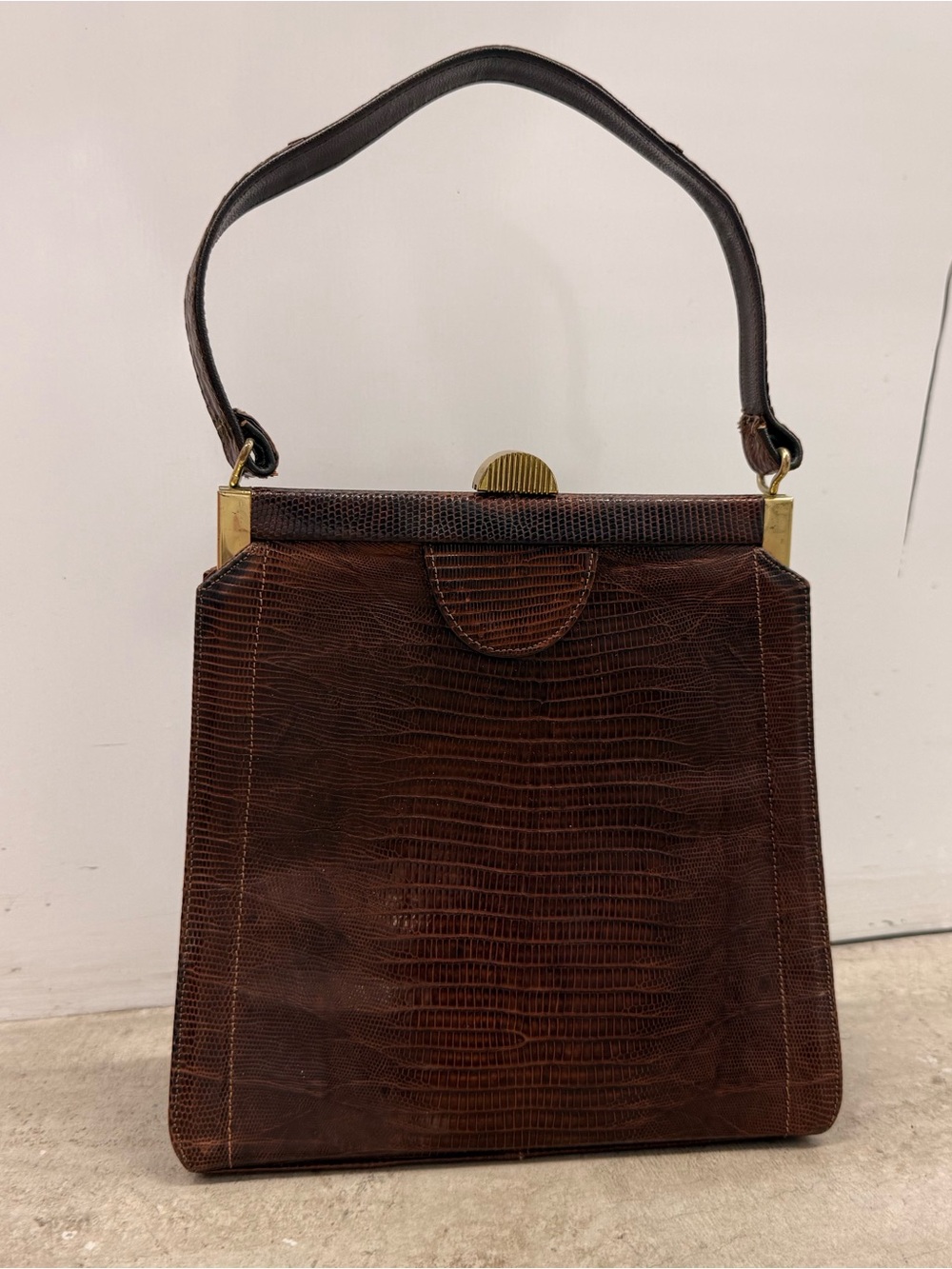 Vtg Classic Lizard Croc Embossed Leather Top-Handle Bag